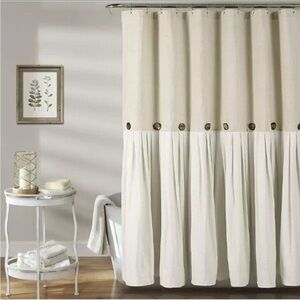🔴 Beige Pleated Linen Shower Curtain with Decorative Buttons - Home Bath!